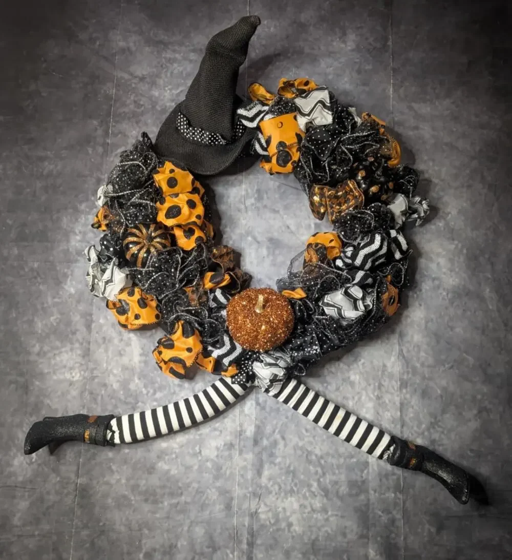 Large Halloween Witch Wreath Hat Legs Pumpkins Front Door Fall Decoration